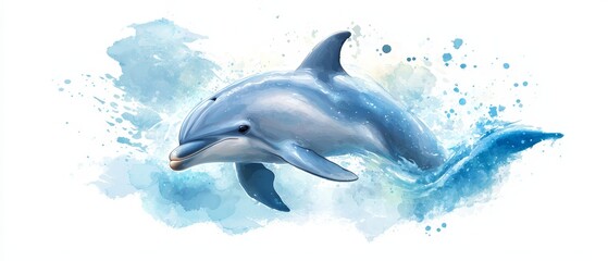 Fototapeta premium A dolphin swims in the water, its back sporting a splash of blue paint, head emerging