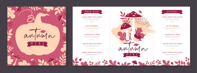 Naklejka premium Seasonal Autumn menu design with autumn floral attributes. Vector illustration