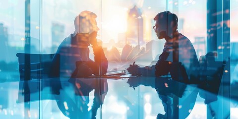 Fototapeta premium Double exposure of a business meeting focusing on collaborative idea generation and strategic analysis in a modern office at sunset