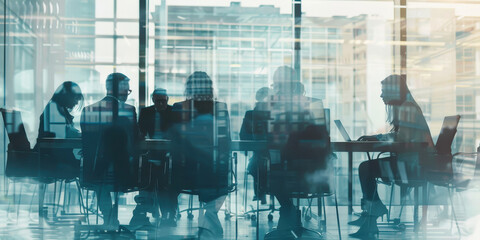 Double exposure of business meeting with colleagues discussing strategies and data analysis in a modern office setting