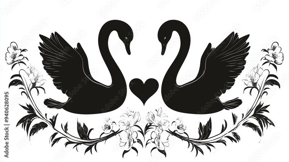 Poster black silhouette heart with two swans and flowers, isolated design element for print decoration gene