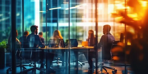 Business meeting with reflections in a modern office setting during daylight