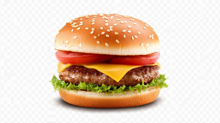 A signature burger isolated on a transparent background. The burger features a juicy beef patty, fresh lettuce, ripe tomato slices, melted cheese, and a perfectly toasted bun. The layers are carefully
