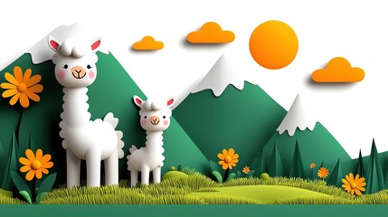 Fototapeta premium A playful paper cutout scene featuring two llamas in a vibrant landscape with mountains, flowers, and a bright sun.