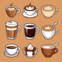 Obraz premium illustration featuring a collection of coffee icons, each representing a different type of coffee drink. 