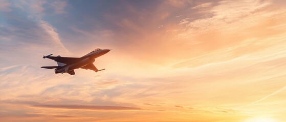  Jet soaring through cloudy sky, sun setting midway – backdrop of clouds