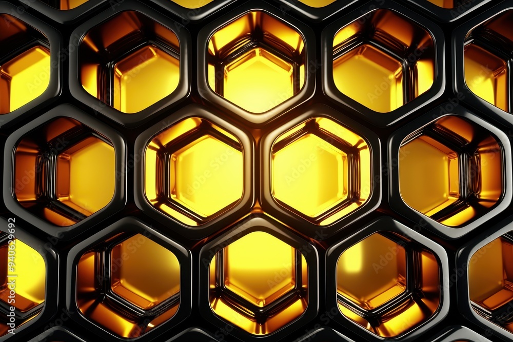 Poster golden hexagon array: a captivating close-up of a geometric honeycomb pattern, where gleaming gold h