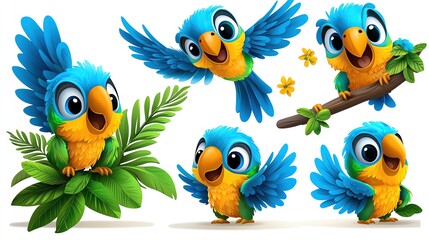 Naklejka premium Colorful cartoon parrot characters in various playful poses, surrounded by leaves and flowers, perfect for children's designs.