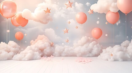Dreamy Wedding Stage with Clouds and Stars, and Floating Balloons