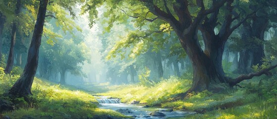 Obraz premium A forest painting with a stream in the foreground, flanked by trees on both sides
