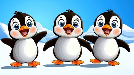 Naklejka premium Three cheerful cartoon penguins stand together on a snowy background, showcasing their bright personalities and cute features.