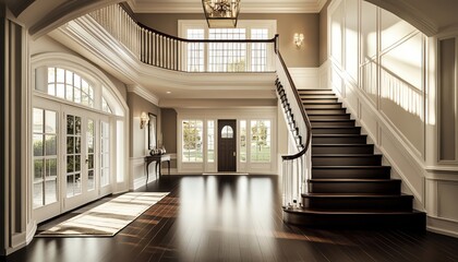 Elegant grand foyer with a curved staircase, large windows, and hardwood flooring, bathed in natural light with a luxurious ambiance.