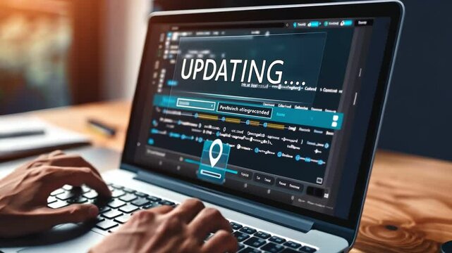 A person updates software on a laptop at a work desk, concept of technology, software development, and system update.
