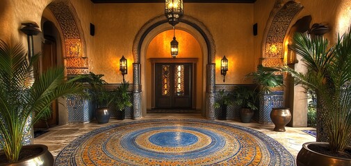 Obraz premium Elegant Mediterranean style entrance with intricate mosaic tiles, lush greenery, and ornate lanterns. Inviting and exotic ambiance.