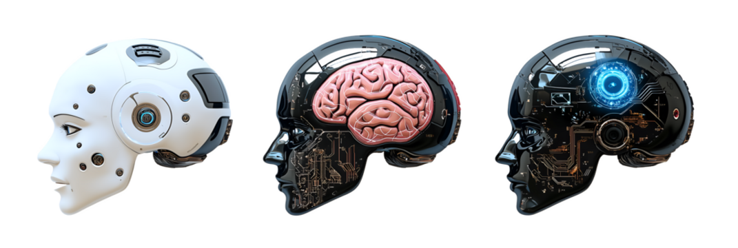 Three futuristic robotic heads with AI in different designs.