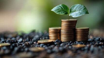 Green Sprout Growing on Coins, Symbol of Financial Growth