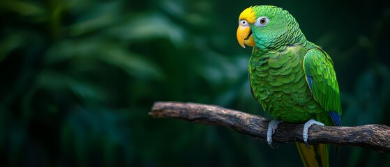 Obraz premium A green parrot atop a tree branch against a backdrop of verdant leaves; its yellow beak contrasts the scene