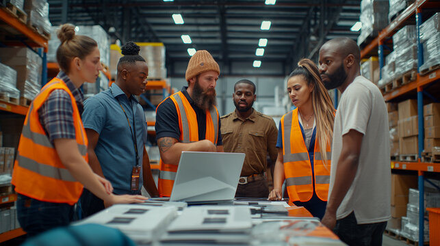 Warehouse workers check inventory or have team meetings using laptops in logistics industry warehouse.
