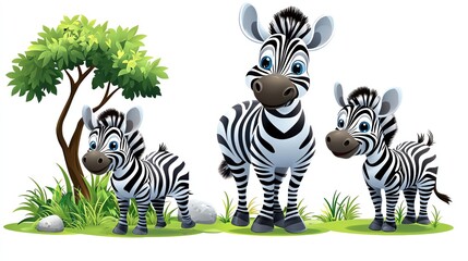 A cheerful illustration of a zebra family in a vibrant landscape, ideal for children's projects and animal-themed designs.