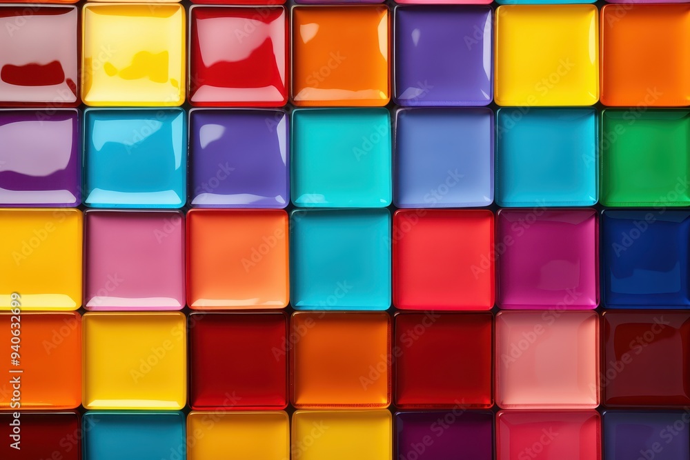 Poster rainbow of glossy tiles: a vibrant mosaic of glossy tiles in a range of saturated colors, creating a