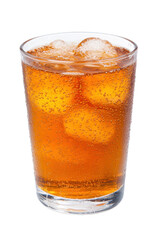 Refreshing carbonated drink with ice cubes, perfect for quenching thirst on a hot day.