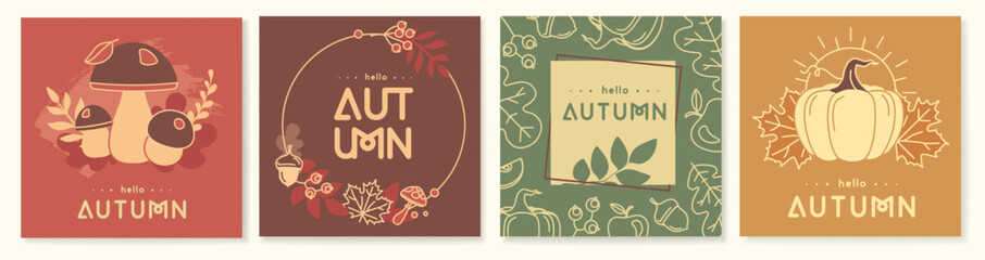Set of retro line art autumn covers or cards with autumn floral decorations. Vector illustration