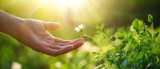  Person holds white flower against backdrop of lush green grass and sunlit sky