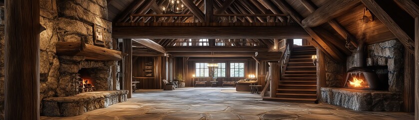Rustic lodge interior with stone fireplaces, wooden beams, and cozy ambiance, featuring warm lighting and spacious open floor plan.