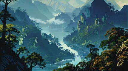 Mystic River Flowing Through Green Mountains