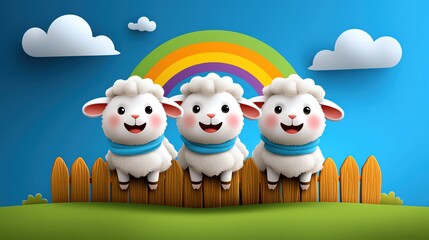 Fototapeta premium Three cheerful cartoon sheep with smiles, sitting in front of a colorful rainbow and a wooden fence against a bright blue background.