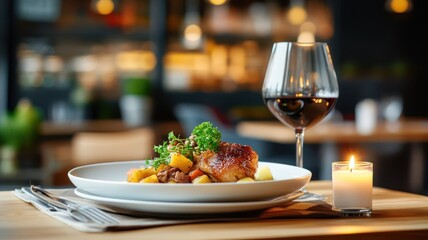 Coq au vin with a lit candle nearby, creating a cozy and intimate dining atmosphere for a special occasion.