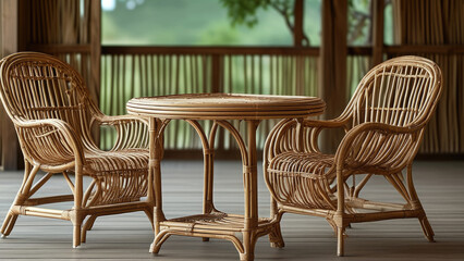 Obraz premium Natural Charm: Rattan Chair and Table Set for Relaxed Living