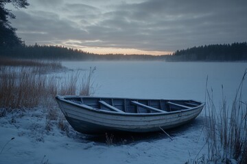 wooden boat in winter on the shore of an icy lake 