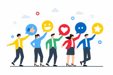 Flat illustration of people carry social media feedback elements