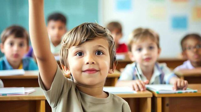 Young student raising hand in classroom, eager to participate