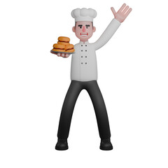 3D Chef Male in Professional Setting.  A chef is standing with his left hand raised up while his right hand is holding a burger. Cartoon