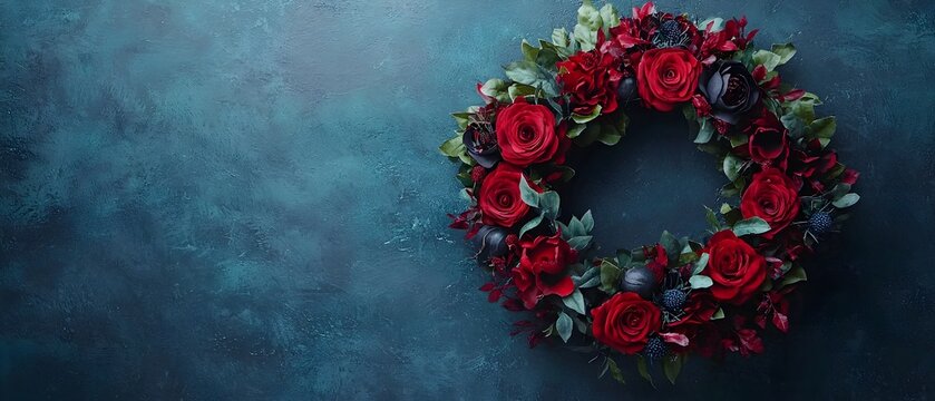 Creepy Mystical Floral Wreath for Halloween Photography Concept with Copy Space for Text  Dark Moody Autumn Foliage and Blooming Flowers in a Circular Ornament Design