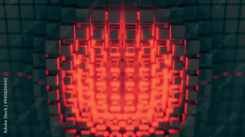 Poster an abstract representation of a red light wave pattern within a complex grid structure. design