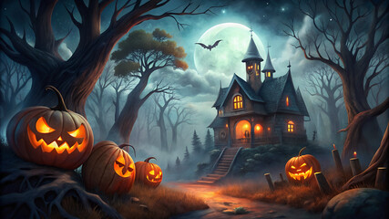 Fototapeta premium Halloween background with pumpkins and haunted house, Spooky scary Night forest