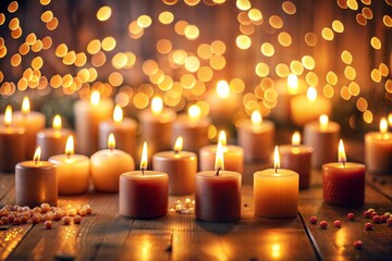 Warm glowing candles with bokeh lights in a cozy festive setting