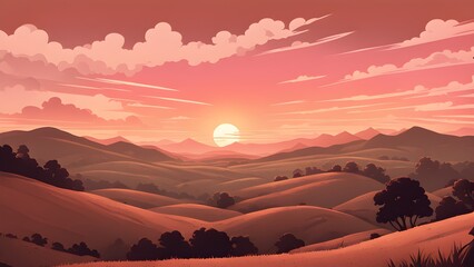 Naklejka premium A beautiful sunset over a mountain range with a large sun in the sky