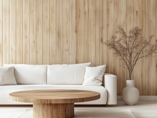 Natural wood coffee table and white sofa in minimalist living room with wooden paneling