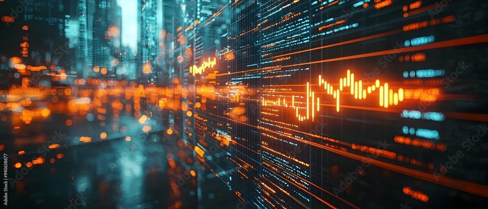 Poster close up view of a futuristic digital interface displaying real time data and visualizations showing