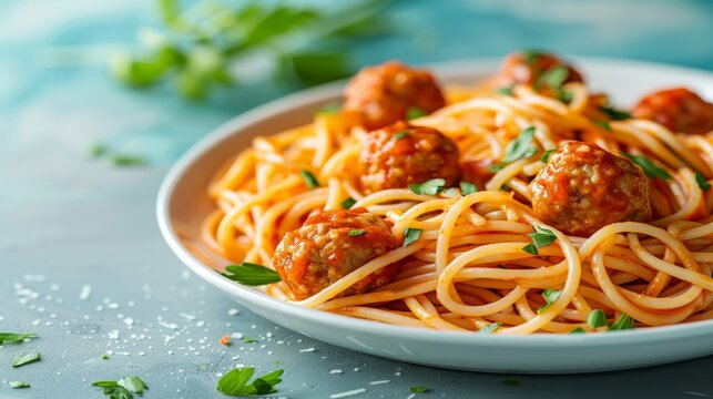 Spaghetti topped with flavorful meatballs and garnished with fresh herbs sits invitingly on a white plate