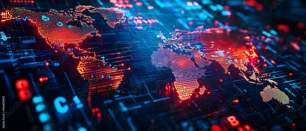 Poster visualizing the impact of economic policy on international relations through digital maps and curren