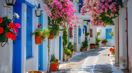 Beautiful colorful flower street with white houses and blue doors in a European city. Greece, floral for background.