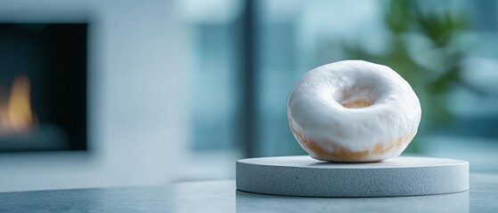  A white frosted donut atop a round, white stand on a table near a fireplace