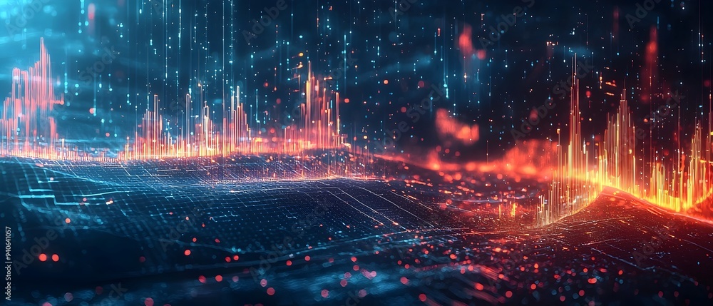 Poster futuristic digital cityscape with dynamic lights and data visualizations