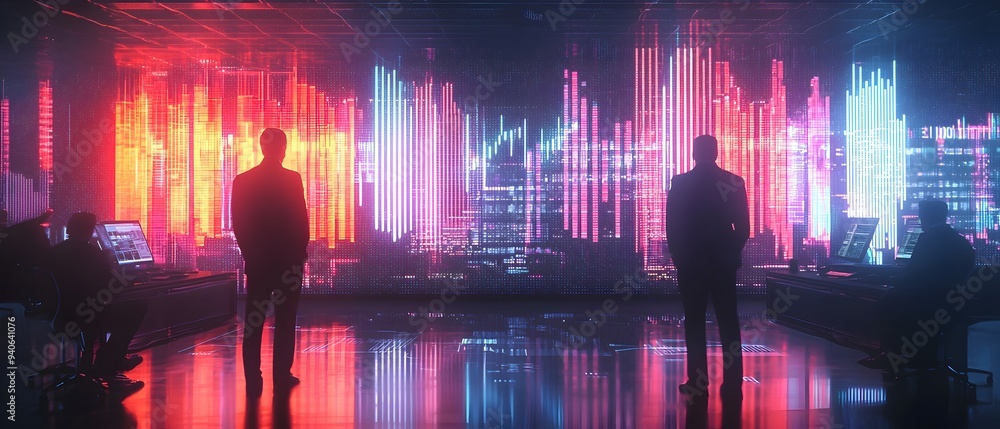 Poster futuristic cityscape with glowing holographic data streams financial charts and digital analytics co