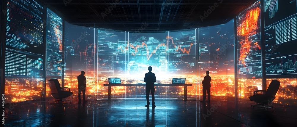 Poster visually stunning scene of financial data analysts and policy makers in a high tech futuristic board